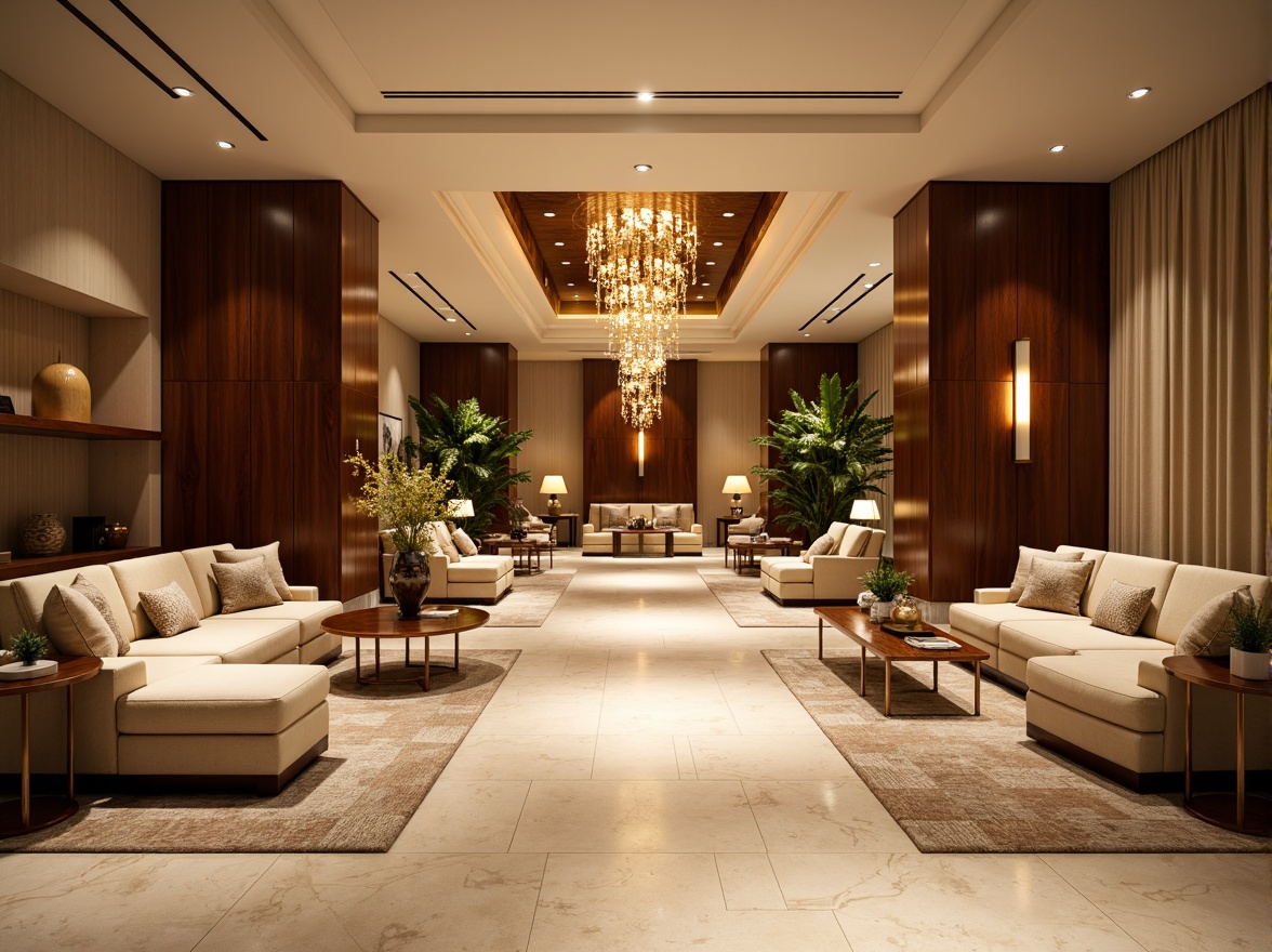 Prompt: Luxurious hotel lobby, rich wood accents, warm beige tones, soft cream hues, velvety upholstery, metallic gold fixtures, elegant chandeliers, natural stone flooring, ambient warm lighting, shallow depth of field, 3/4 composition, panoramic view, realistic textures, inviting atmosphere.