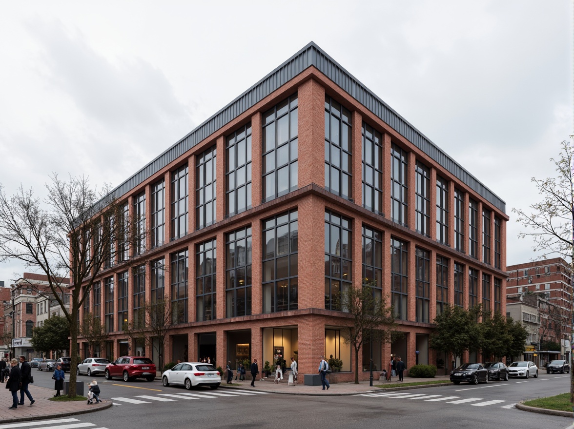 Prompt: Industrial factory building, exposed brick facade, steel frame structure, large windows, metal cladding, corrugated roofs, functional minimalism, brutalist architecture, urban landscape, busy streets, modern cityscape, cloudy sky, soft diffused lighting, shallow depth of field, 2/3 composition, realistic textures, ambient occlusion.