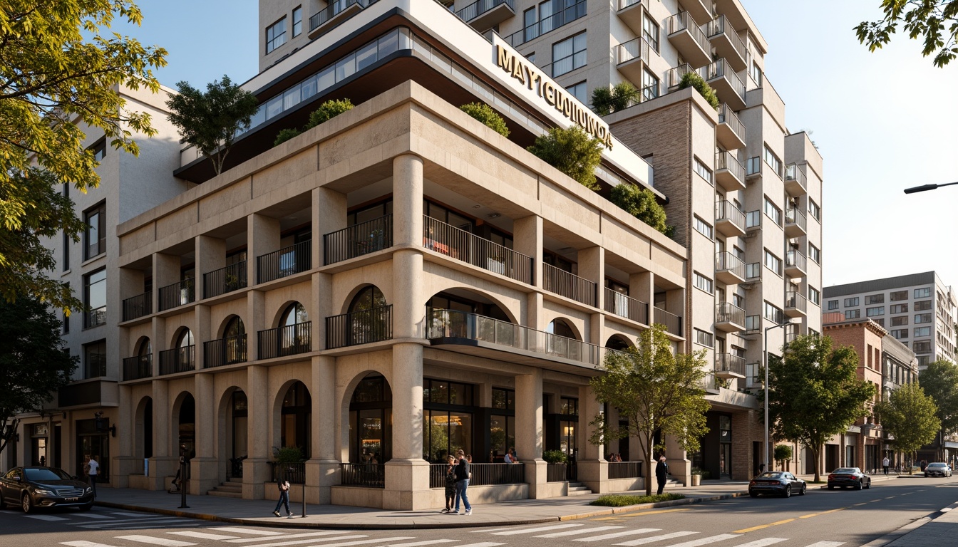 Prompt: Rustic office building, Romanesque facade, arched windows, ornate stone carvings, grand entrance, heavy wooden doors, intricate moldings, earthy color palette, natural stone walls, brick accents, modern amenities, sleek glass roofs, urban cityscape, busy streets, morning sunlight, soft warm lighting, shallow depth of field, 1/1 composition, realistic textures, ambient occlusion.