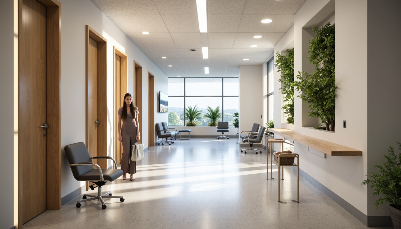 Prompt: Clean hospital corridors, minimalist decor, neutral color palette, sleek metal handrails, polished concrete floors, modern LED lighting, simple furniture designs, ergonomic chairs, calm atmosphere, natural stone accents, greenery installations, floor-to-ceiling windows, abundant natural light, soft warm tones, shallow depth of field, 3/4 composition, realistic textures, ambient occlusion.