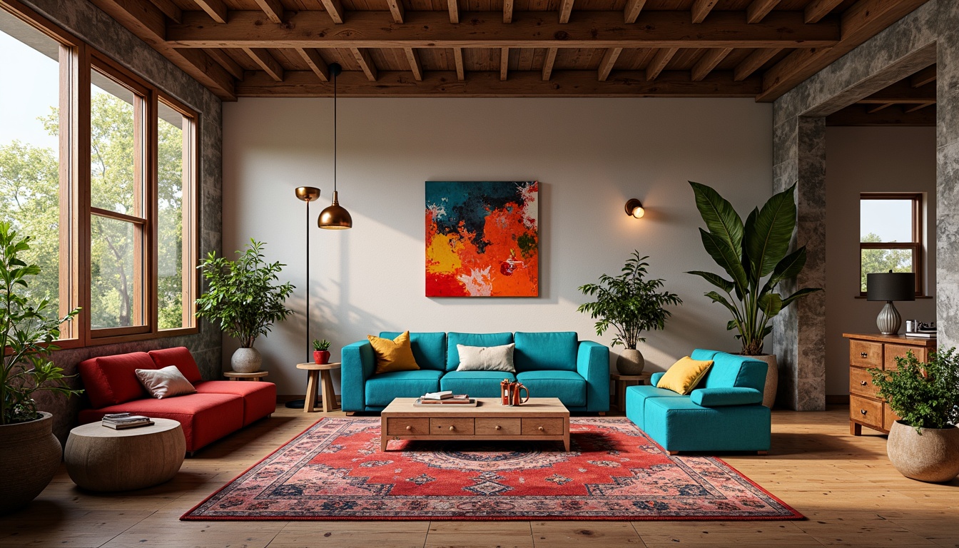 Prompt: Vibrant artistic studio, eclectic furniture, bold color blocking, contrasting textures, abstract artwork, statement lighting fixtures, industrial metal accents, reclaimed wood floors, bohemian-inspired rugs, natural stone walls, oversized windows, soft warm glow, shallow depth of field, 1/1 composition, realistic renderings, ambient occlusion.