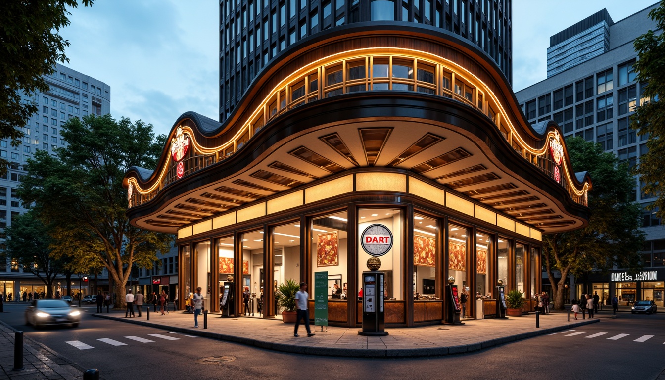 Prompt: Art Deco gas station, ornate metal canopy, vintage fuel pumps, retro-style signage, geometric patterned tiles, curved lines, luxurious materials, metallic accents, bold typography, neon lighting, urban cityscape, busy streets, evening atmosphere, warm golden lighting, shallow depth of field, 1/1 composition, symmetrical framing, high-contrast colors, detailed textures.