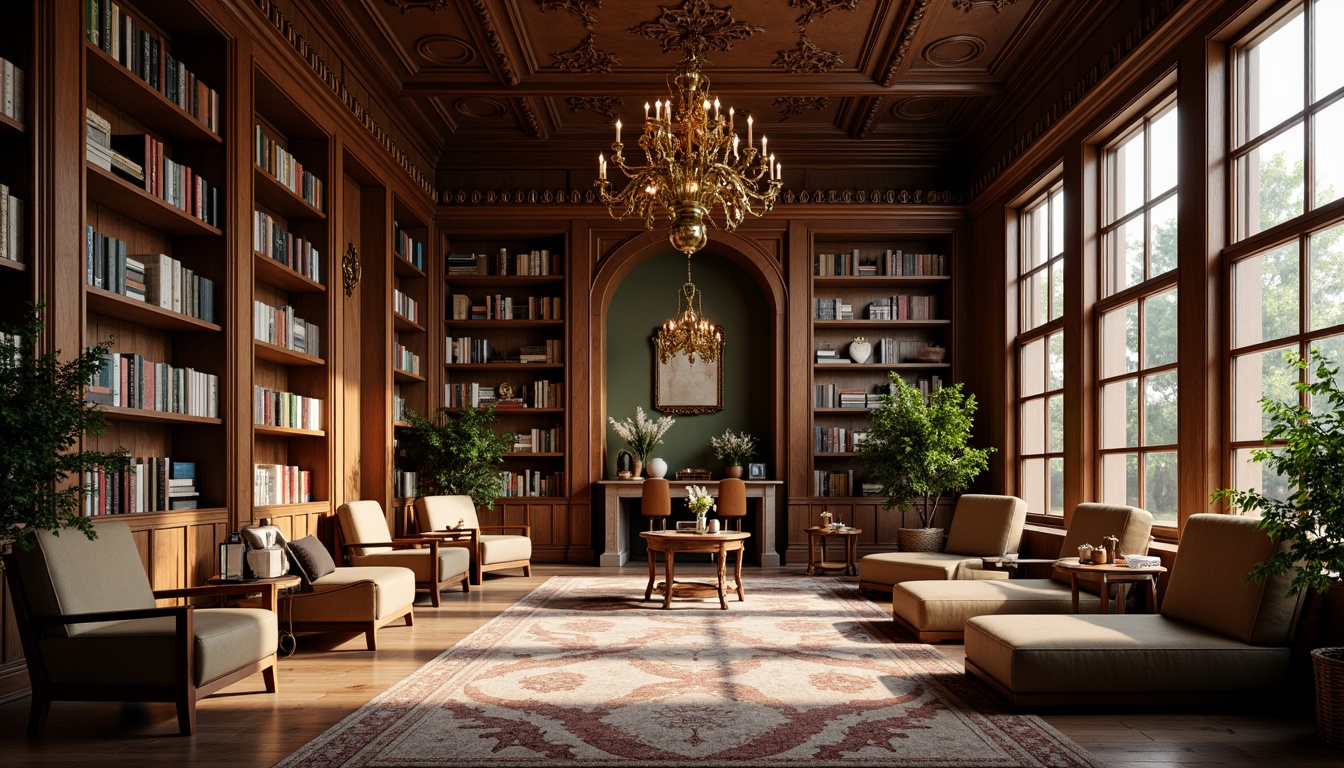 Prompt: Cozy library atmosphere, warm wooden shelves, comfortable reading nooks, soft cushioned chairs, rich leather-bound books, elegant chandeliers, subtle natural light, earthy tone color palette, soothing sage greens, muted terracotta reds, creamy whites, dark walnut wood accents, vintage metal lanterns, ornate wooden paneling, plush area rugs, warm golden lighting, shallow depth of field, 2/3 composition, realistic textures, ambient occlusion.