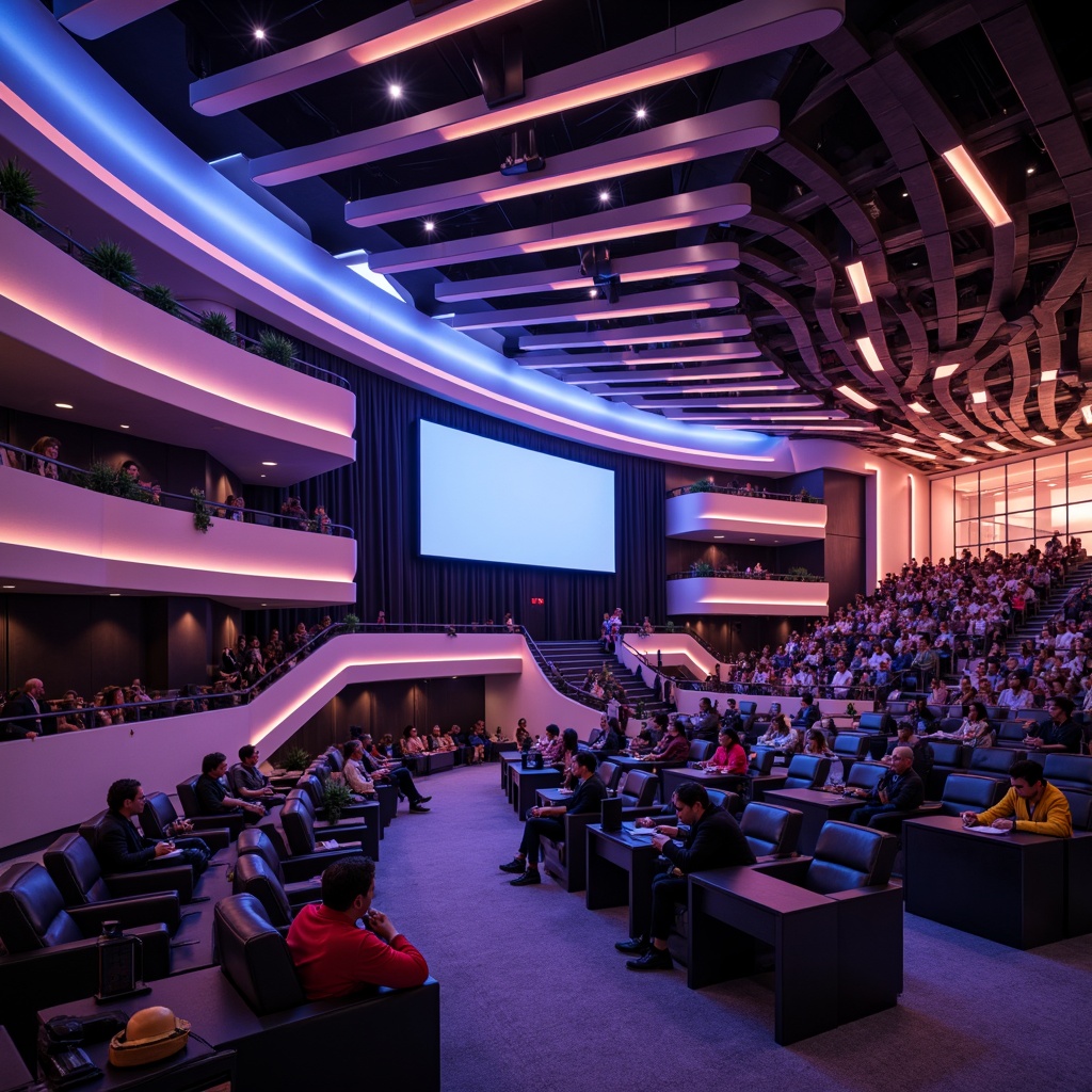 Prompt: Modern auditorium, sleek curved lines, vibrant color schemes, modular seating systems, ergonomic chairs, adjustable armrests, retractable desks, interactive displays, immersive audio equipment, futuristic lighting designs, LED ambient lights, dynamic shadows, 3/4 composition, shallow depth of field, realistic textures, ambient occlusion.