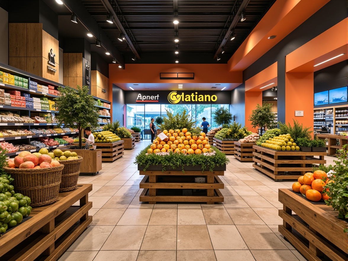 Prompt: Vibrant grocery store interior, warm beige walls, rich wood accents, fresh greenery, natural stone flooring, earthy terracotta tiles, bright LED lighting, colorful product displays, modern shelving units, sleek metal fixtures, bold signage, lively orange and yellow hues, calming blue tones, inviting atmosphere, shallow depth of field, 1/1 composition, realistic textures, ambient occlusion.