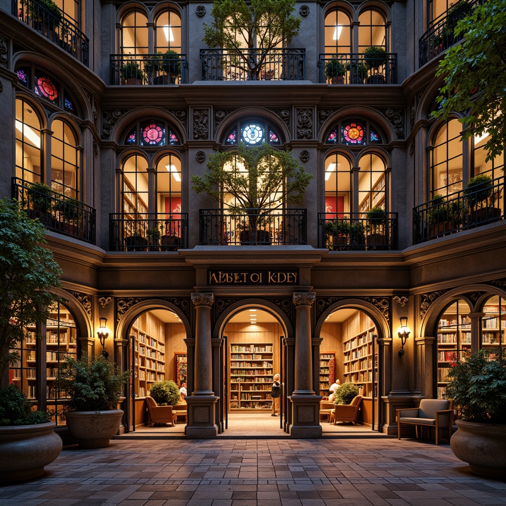 Prompt: Grandiose library facade, eclectic architectural style, ornate stone carvings, intricate metalwork, vibrant stained glass windows, majestic entrance archways, imposing columns, ornamental balconies, richly patterned textiles, warm golden lighting, shallow depth of field, 1/2 composition, symmetrical framing, realistic material textures, ambient occlusion.