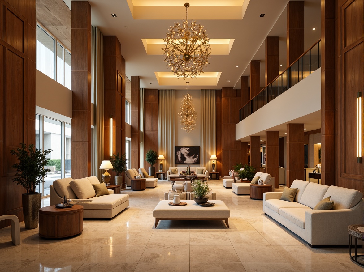 Prompt: Luxurious hotel lobby, rich wood accents, warm beige tones, soft cream hues, velvety upholstery, metallic gold fixtures, elegant chandeliers, natural stone flooring, ambient warm lighting, shallow depth of field, 3/4 composition, panoramic view, realistic textures, inviting atmosphere.