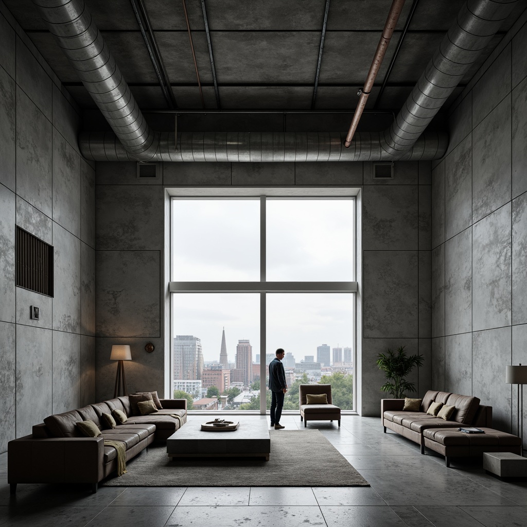 Prompt: Raw concrete walls, exposed ductwork, industrial pipes, metal beams, minimalist decor, functional furniture, monochromatic color scheme, cold harsh lighting, dramatic shadows, brutalist architecture, fortress-like structure, imposing scale, rugged textures, urban landscape views, cityscape backdrop, overcast skies, moody atmosphere, high contrast ratio, 1/1 composition, symmetrical framing, stark realism.