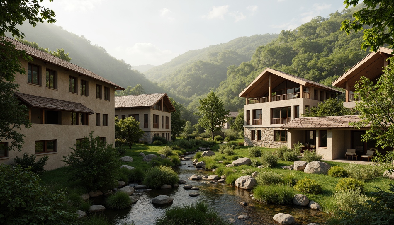 Prompt: Rustic village, rolling hills, lush greenery, meandering streams, traditional vernacular architecture, earthy tones, natural stone walls, wooden accents, curved lines, organic forms, blending with surroundings, seamless integration, harmonious coexistence, soft warm lighting, misty atmosphere, shallow depth of field, 1/1 composition, realistic textures, ambient occlusion.