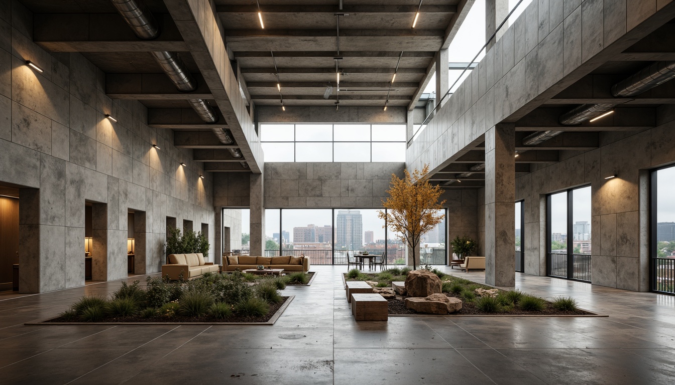 Prompt: Rugged community center, brutalist architecture, raw concrete walls, exposed ductwork, industrial metal beams, natural light pouring in, large skylights, clerestory windows, urban landscape views, gritty cityscape, overcast sky, soft diffused lighting, high contrast shadows, dramatic architectural angles, bold structural elements, minimalist interior design, functional simplicity, communal gathering spaces, reclaimed wood accents, earthy color palette, organic textures, 3/4 composition, cinematic framing, realistic render.