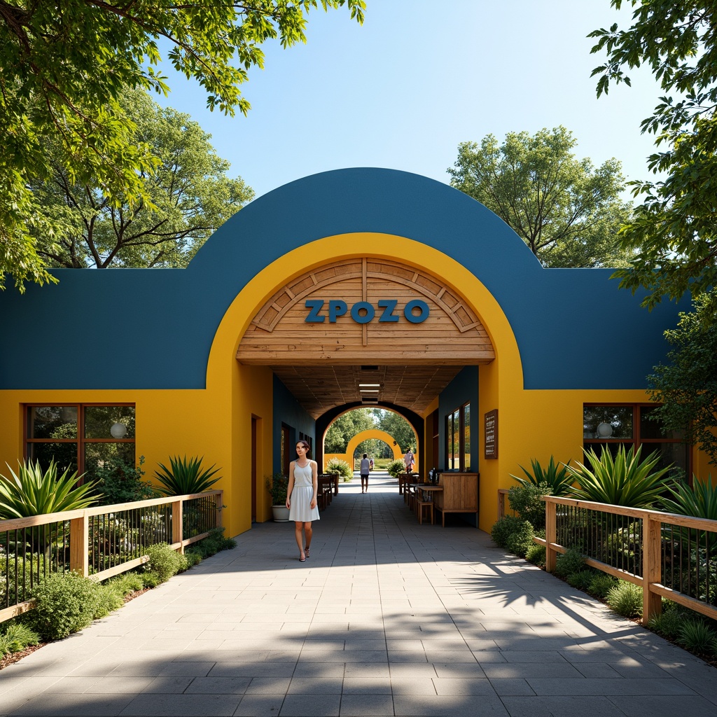 Prompt: Vibrant zoo entrance, streamline moderne architecture, bold primary colors, bright yellow accents, deep blue tones, natural wood textures, sleek metal railings, minimalist signage, lush greenery, tropical plants, sunny day, soft warm lighting, shallow depth of field, 3/4 composition, panoramic view, realistic animal textures, ambient occlusion.Please let me know if this meets your requirements!