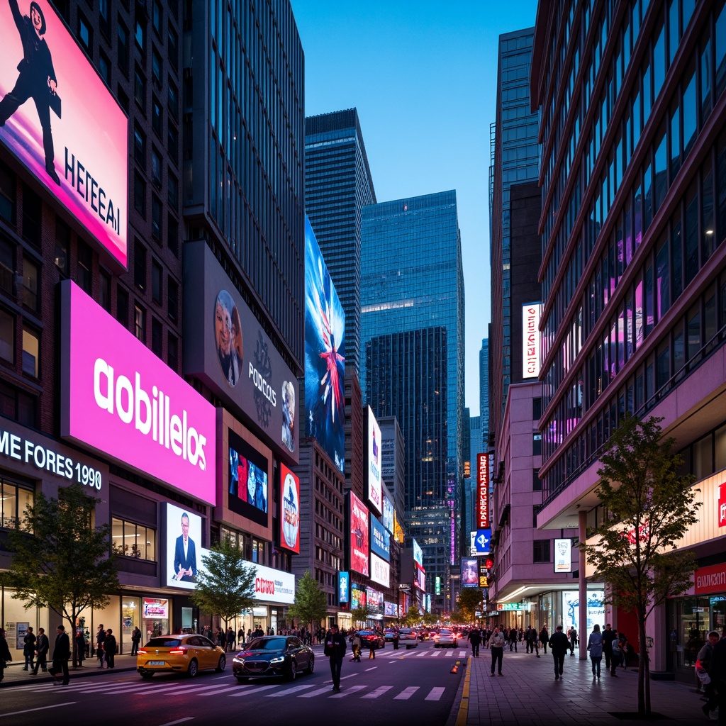 Prompt: Vibrant cityscape, neon lights, bold color contrasts, futuristic skyscrapers, reflective glass facades, dynamic LED displays, urban energy, bustling streets, pedestrian traffic, modern architecture, geometric shapes, abstract patterns, 3D visual effects, high-contrast lighting, dramatic shadows, cinematic composition, wide-angle lens, fast shutter speed, shallow depth of field.