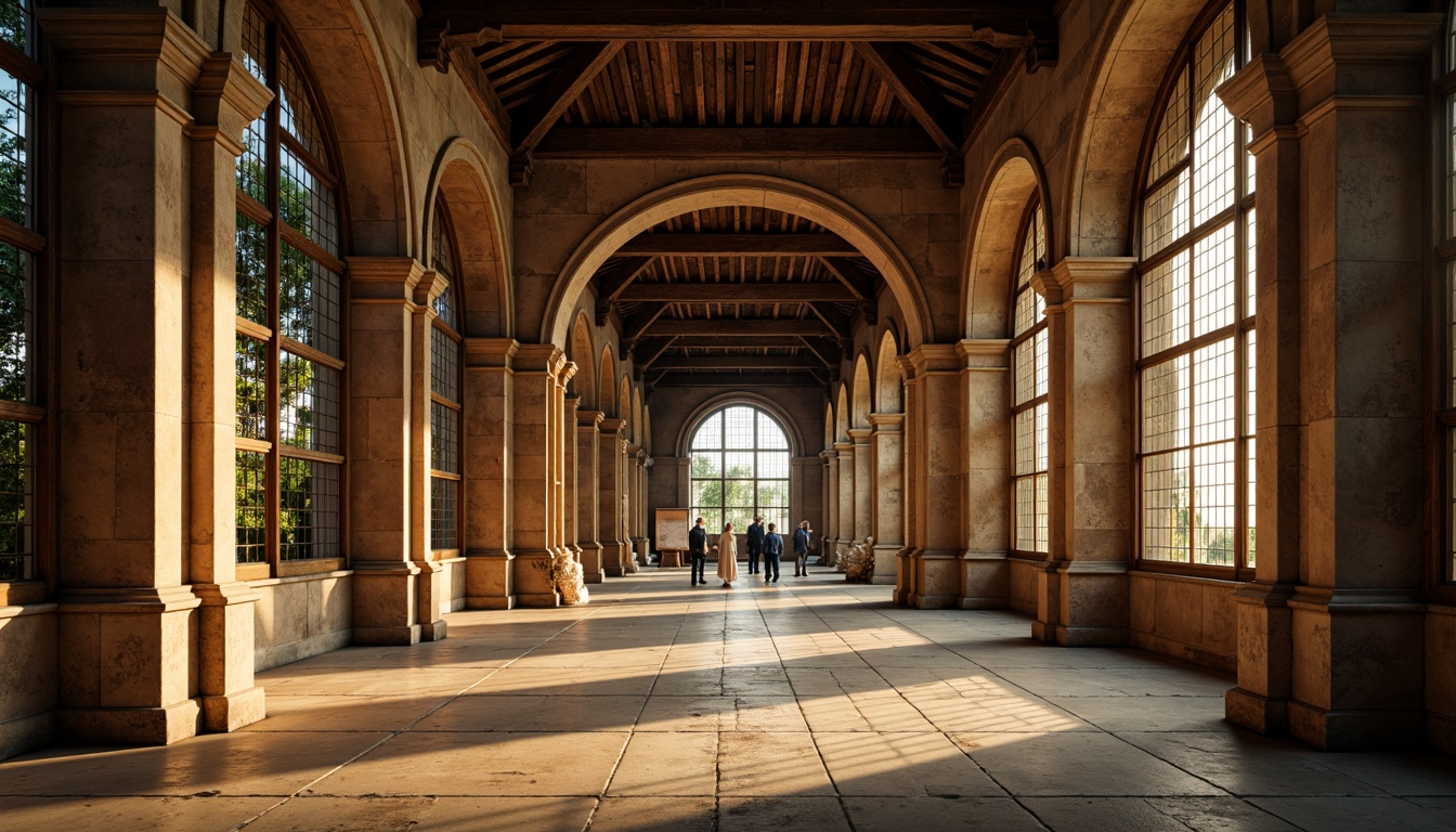 Prompt: Ancient stone columns, ornate capitals, rustic arches, weathered stonework, intricate carvings, grand entranceways, majestic vaulted ceilings, stained glass windows, warm golden lighting, soft focus, shallow depth of field, 1/2 composition, symmetrical framing, rich textures, ambient occlusion, historic landmarks, medieval-inspired architecture, ornamental details, classical proportions, earthy color palette.