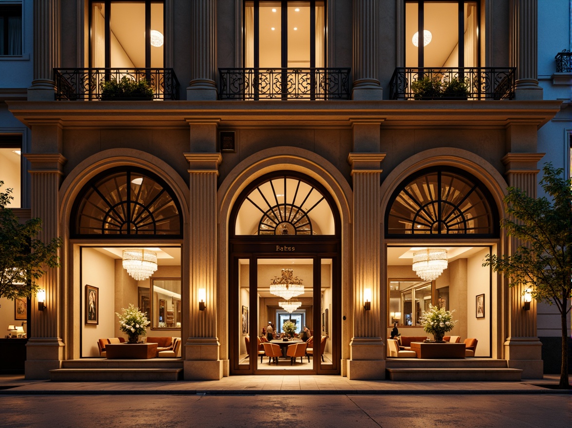 Prompt: Grand hotel entrance, ornate columns, symmetrical facade, rusticated base, arched windows, balconies with intricate metalwork, neoclassical details, luxurious materials, marble floors, crystal chandeliers, opulent furnishings, lavish decor, warm golden lighting, shallow depth of field, 1/1 composition, realistic textures, ambient occlusion, urban cityscape, busy streets, vibrant nightlife, evening atmosphere.