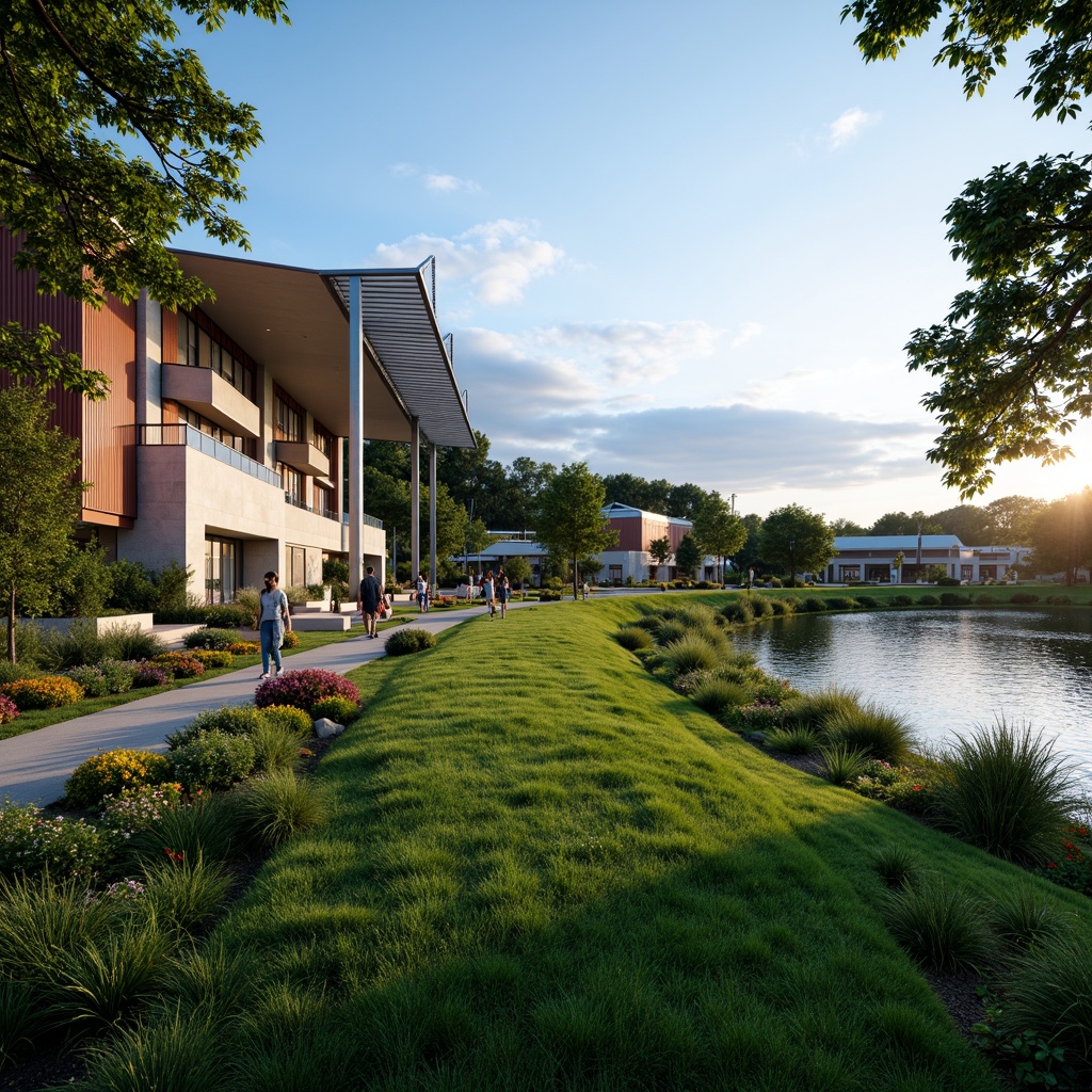 Prompt: Lush green grass, vibrant flowers, rolling hills, serene lakeside, walking trails, outdoor seating areas, modern stadium architecture, sleek metal structures, large glass windows, natural stone facades, dynamic lighting systems, evening ambiance, shallow depth of field, 3/4 composition, panoramic view, realistic textures, ambient occlusion.