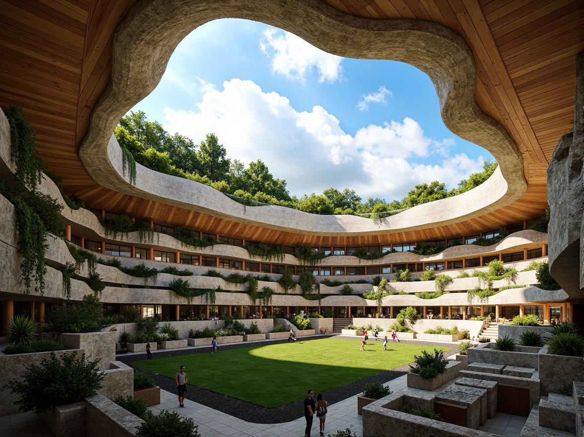 Prompt: Organic stadium design, undulating curves, natural stone fa\u00e7ade, lush green roofs, living walls, botanical gardens, wooden accents, earthy tones, curved lines, fluid shapes, dynamic architecture, cantilevered structures, grand entrance, sweeping arches, dramatic lighting, warm ambiance, shallow depth of field, 1/1 composition, realistic textures, ambient occlusion.