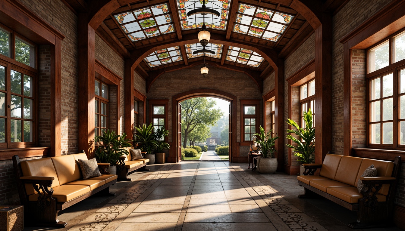 Prompt: Vintage train station, eclectic mix of materials, exposed brick walls, rusty metal beams, reclaimed wood accents, ornate ironwork, stained glass ceilings, intricate tile mosaics, distressed leather benches, antique luggage racks, industrial-style lighting fixtures, warm golden lighting, shallow depth of field, 1/1 composition, realistic textures, ambient occlusion.