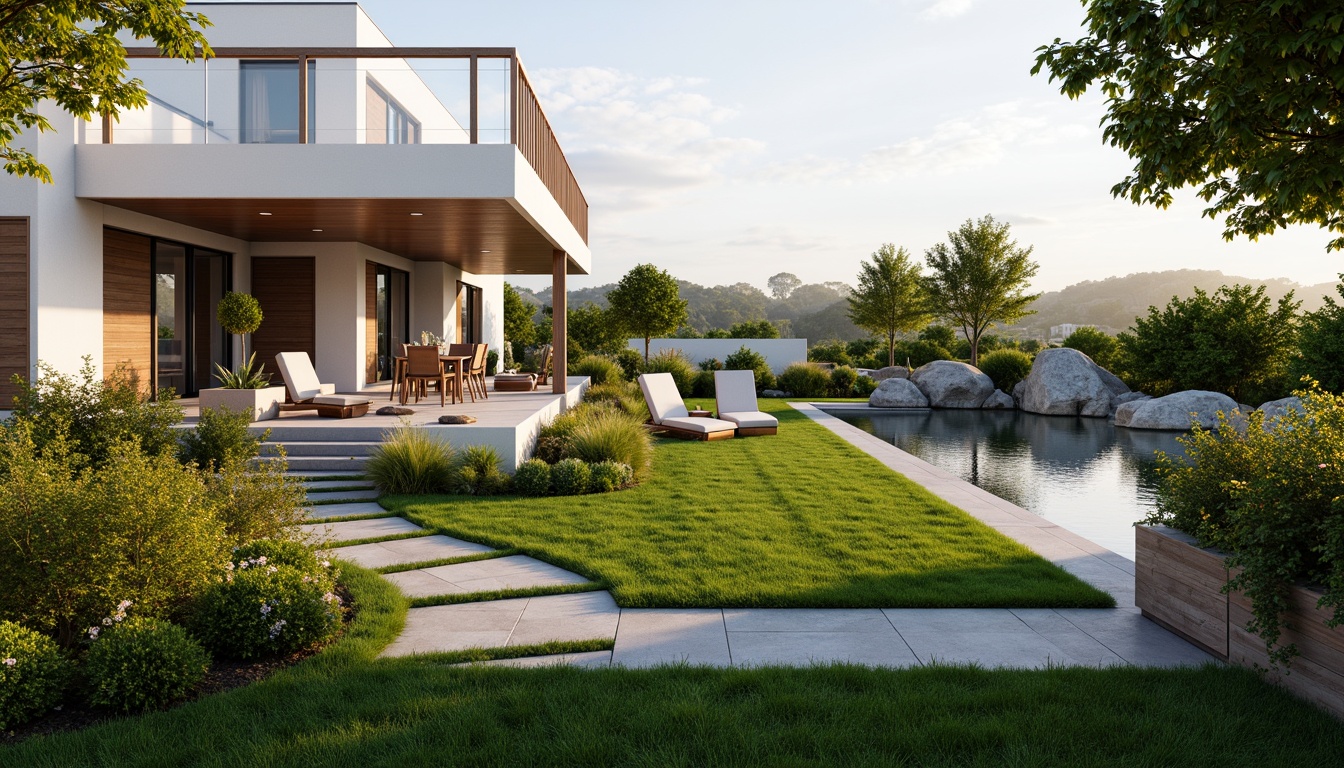 Prompt: Sleek modern villas, lush green lawns, vibrant flowerbeds, meandering stone pathways, tranquil water features, natural rock formations, wooden decks, outdoor seating areas, minimalist garden ornaments, ambient lighting, warm sunset glow, shallow depth of field, 1/1 composition, realistic textures, soft focus effect.