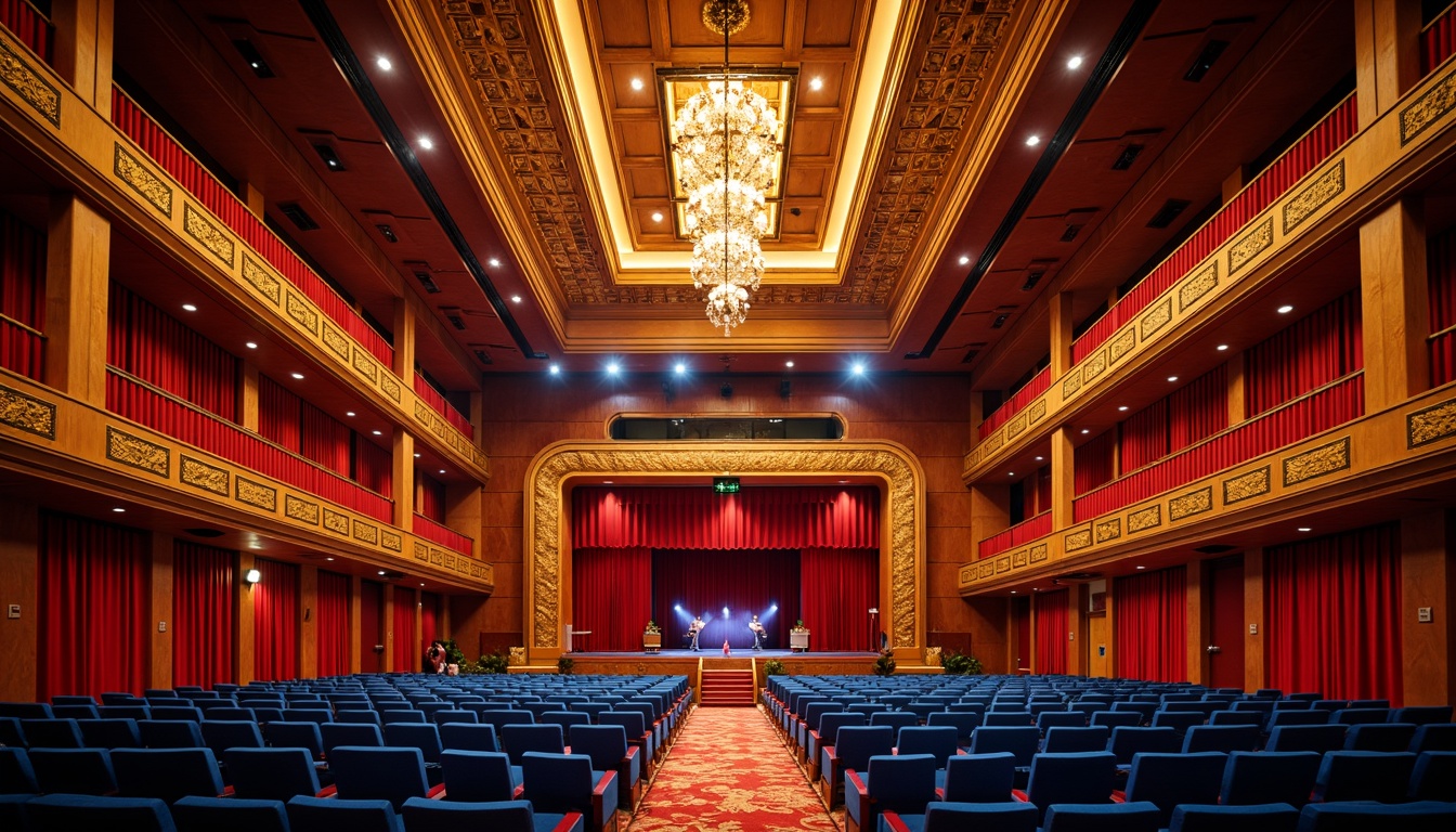 Prompt: Vibrant concert hall, rich wood tones, warm golden lighting, bold red accents, deep blue seats, polished metal fixtures, luxurious velvet curtains, ornate chandeliers, grand staircase, opulent balconies, lavish box seats, dramatic spotlights, soft warm glow, shallow depth of field, 1/1 composition, realistic textures, ambient occlusion.