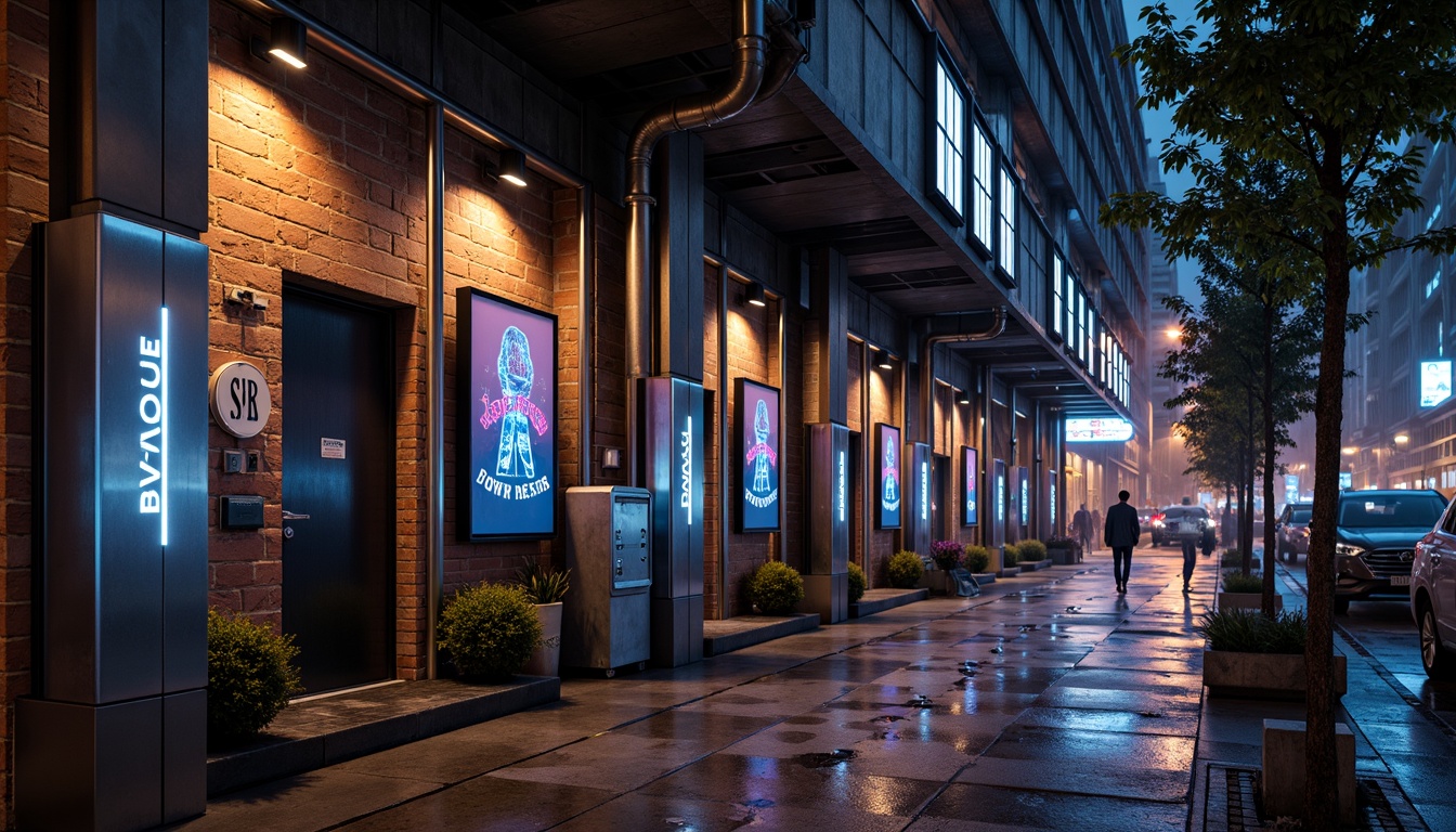 Prompt: Rustic warehouse facade, exposed brick walls, metallic accents, industrial pipes, neon lights, futuristic LED displays, cyberpunk-inspired graffiti, urban cityscape, rainy night atmosphere, dramatic backlighting, high-contrast shadows, cinematic composition, 1/2 camera angle, shallow depth of field, realistic reflections, ambient occlusion.