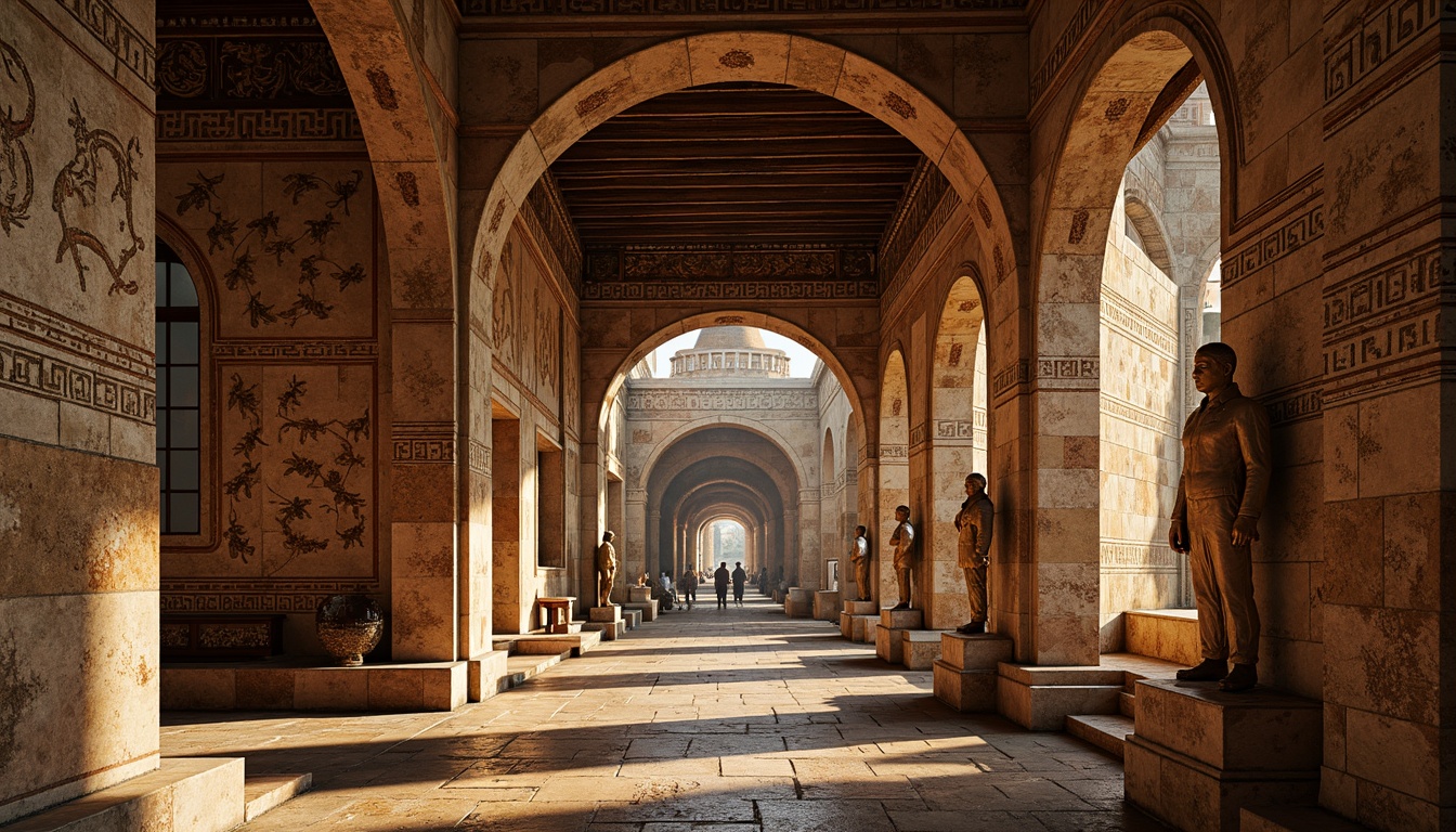 Prompt: Ancient monument ruins, fusion architecture, weathered stone walls, ornate carvings, intricate mosaics, vibrant cultural patterns, rich historical textures, monumental arches, grandiose columns, imposing statues, mystical ambiance, warm golden lighting, dramatic shadows, 1/1 composition, symmetrical framing, realistic render, ambient occlusion, subtle depth of field.