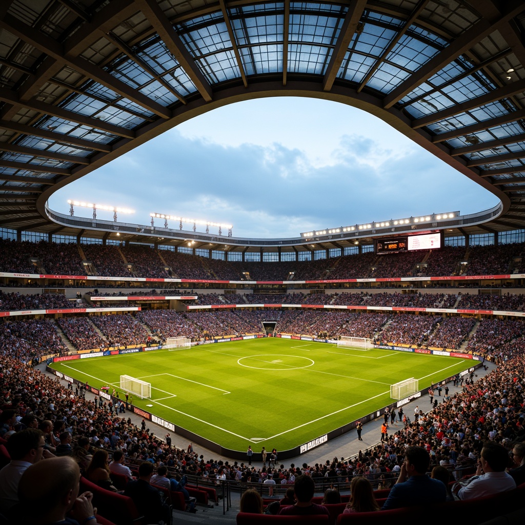 Prompt: Modern soccer stadium, tiered seating, vibrant crowd, green grass pitch, goalposts, scoreboard, floodlights, evening atmosphere, warm golden lighting, shallow depth of field, 3/4 composition, panoramic view, realistic textures, ambient occlusion, comfortable cushioned seats, ergonomic design, ample legroom, accessible aisles, clear signage, intuitive navigation, premium VIP areas, luxurious amenities, state-of-the-art sound systems.