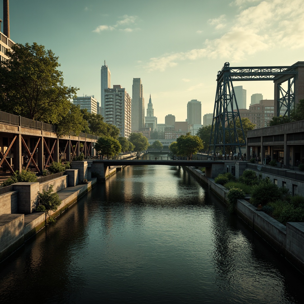 Prompt: Rustic steel bridges, industrial-era aesthetic, weathered metal textures, earthy tones, muted greens, blues and grays, warm golden lighting, misty atmospheric effects, dramatic shadows, 3/4 composition, cinematic view, realistic reflections, ambient occlusion, urban cityscape, riverbank setting, lush vegetation, natural stone piers, modern architectural elements, sleek cable systems.