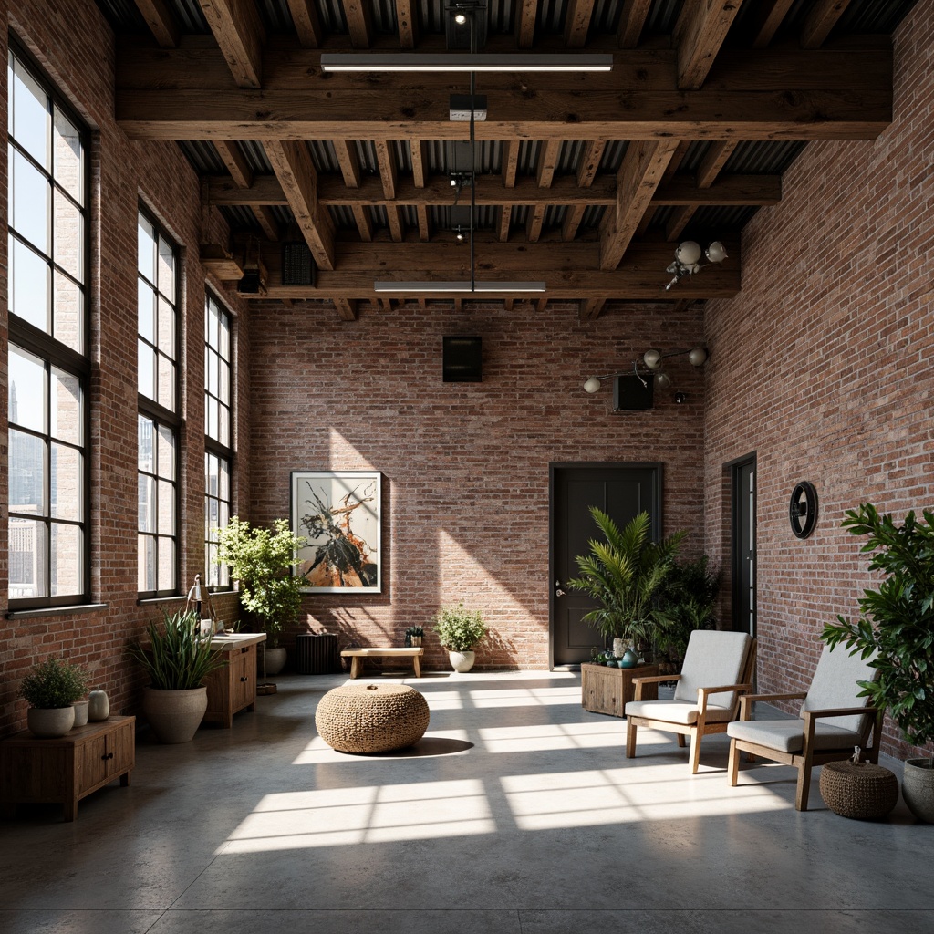 Prompt: Exposed brick walls, metal beams, reclaimed wood accents, industrial-style lighting fixtures, concrete floors, urban cityscape, converted warehouse, modern minimalist decor, functional simplicity, neutral color palette, distressed textures, vintage machinery, eclectic decorative elements, open floor plan, high ceilings, natural light pouring in, dramatic shadows, 3/4 composition, shallow depth of field, realistic renderings.