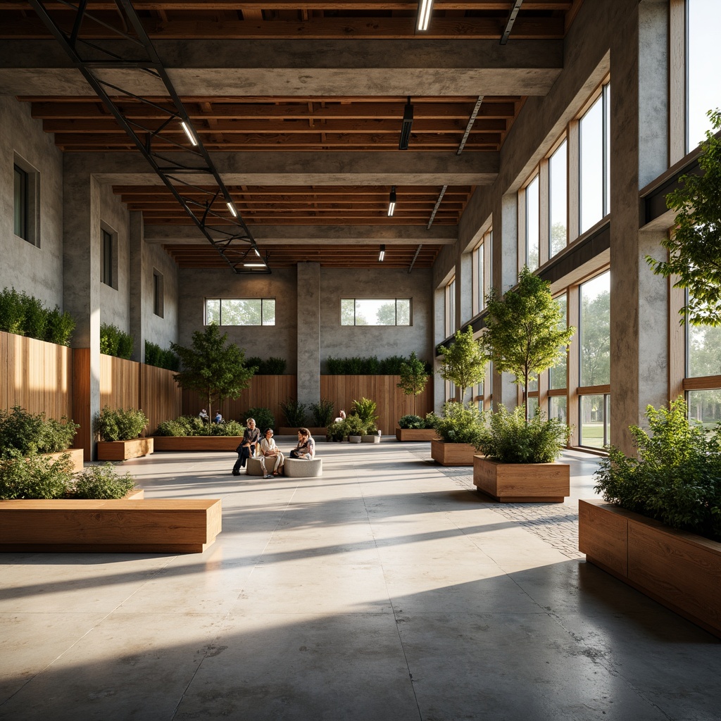 Prompt: Minimalist gymnasium interior, natural light pouring in, polished concrete floors, reclaimed wood accents, industrial metal beams, eco-friendly rubber flooring, energy-efficient LED lighting, recycled plastic benches, living green walls, air-purifying plants, calm atmosphere, soft warm glow, shallow depth of field, 1/1 composition, realistic textures, ambient occlusion.