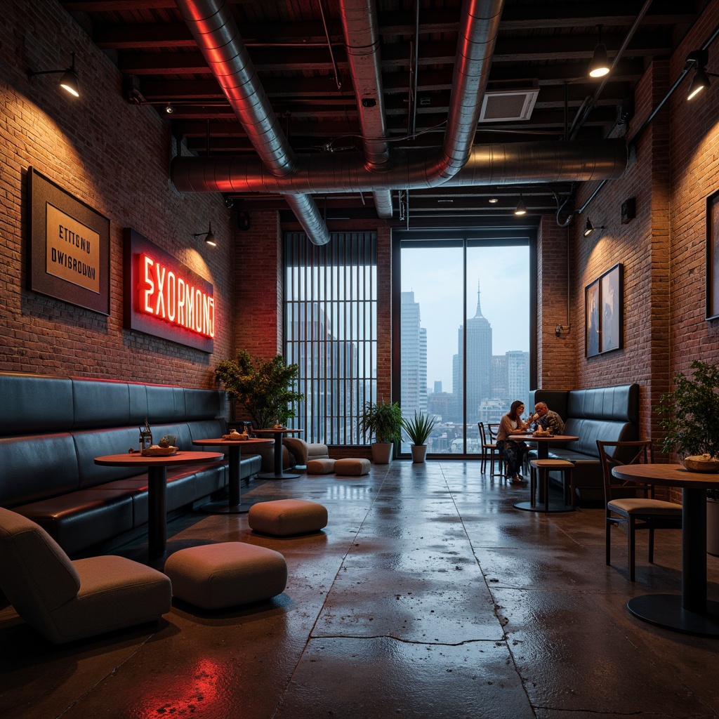 Prompt: Exposed brick walls, distressed concrete floors, metallic beams, industrial pipes, reclaimed wood accents, corrugated metal cladding, neon-lit signage, futuristic LED lighting, minimalist decor, urban cityscape views, foggy atmosphere, cinematic low-key lighting, shallow depth of field, 2/3 composition, realistic reflections, ambient occlusion.