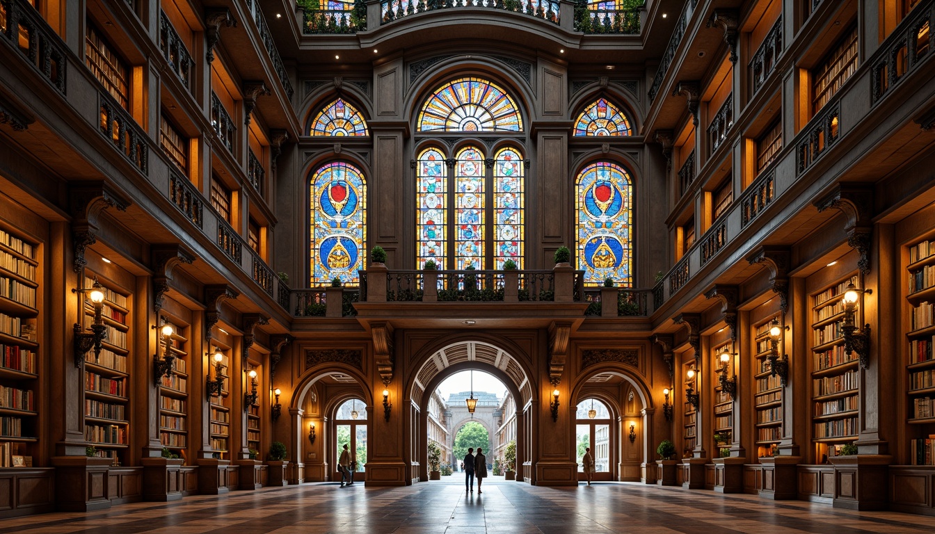 Prompt: Grandiose library facade, eclectic architectural style, ornate stone carvings, intricate metalwork, vibrant stained glass windows, asymmetrical composition, grand entrance archways, imposing columns, ornamental balconies, richly patterned textiles, warm golden lighting, dramatic shadows, 1/2 composition, low-angle shot, realistic materials, ambient occlusion.