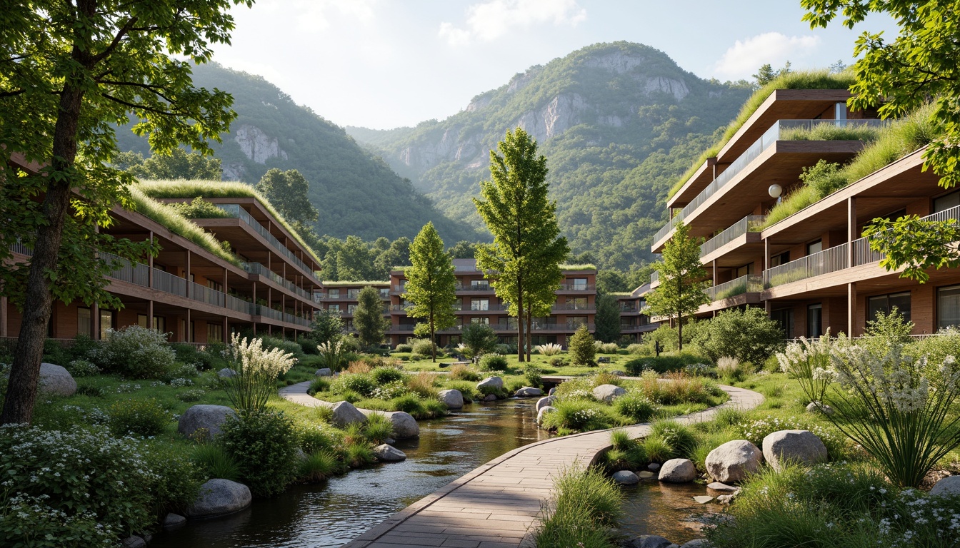 Prompt: Eco-friendly buildings, lush green roofs, living walls, natural ventilation, solar panels, wind turbines, rainwater harvesting systems, organic gardens, native plant species, meandering streams, serene water features, rustic wooden bridges, weathered stone pathways, earthy color palette, soft diffused lighting, shallow depth of field, 3/4 composition, panoramic view, realistic textures, ambient occlusion.