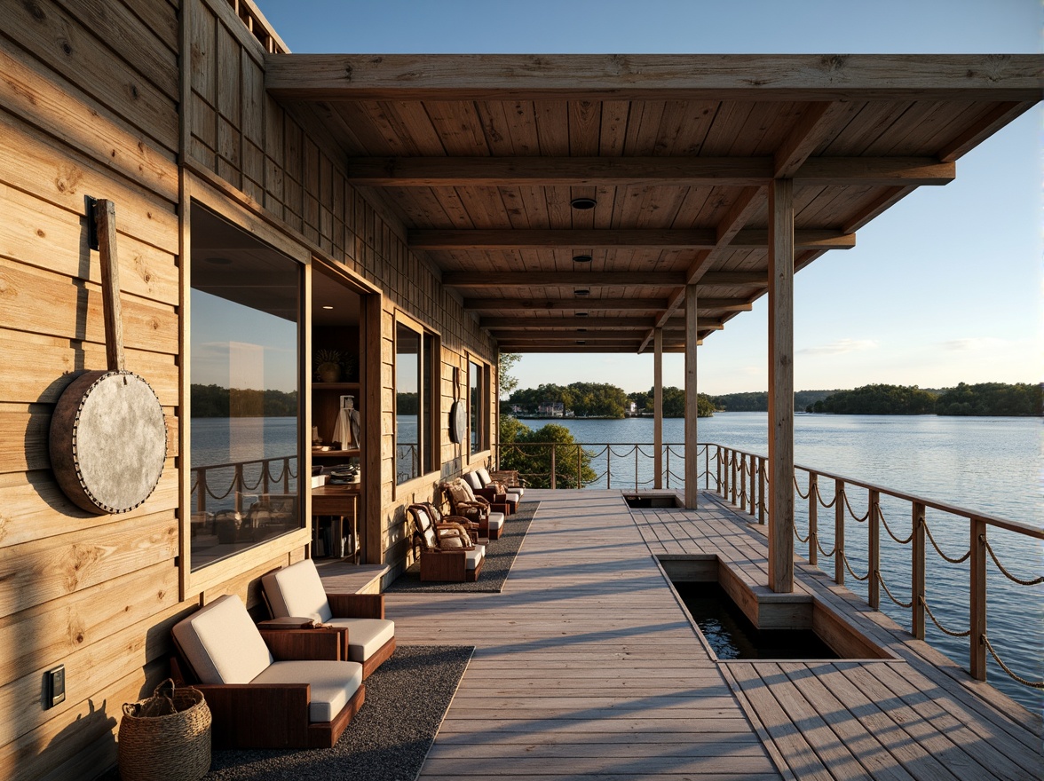 Prompt: Weathered wood accents, rustic metal cladding, nautical-themed decorations, waterfront location, serene lake views, sailboat-inspired design, modern boathouse architecture, large windows, sliding glass doors, wooden docks, rope railings, porthole windows, marine-grade materials, ocean-inspired color palette, sunny day, soft warm lighting, shallow depth of field, 3/4 composition, panoramic view, realistic textures, ambient occlusion.