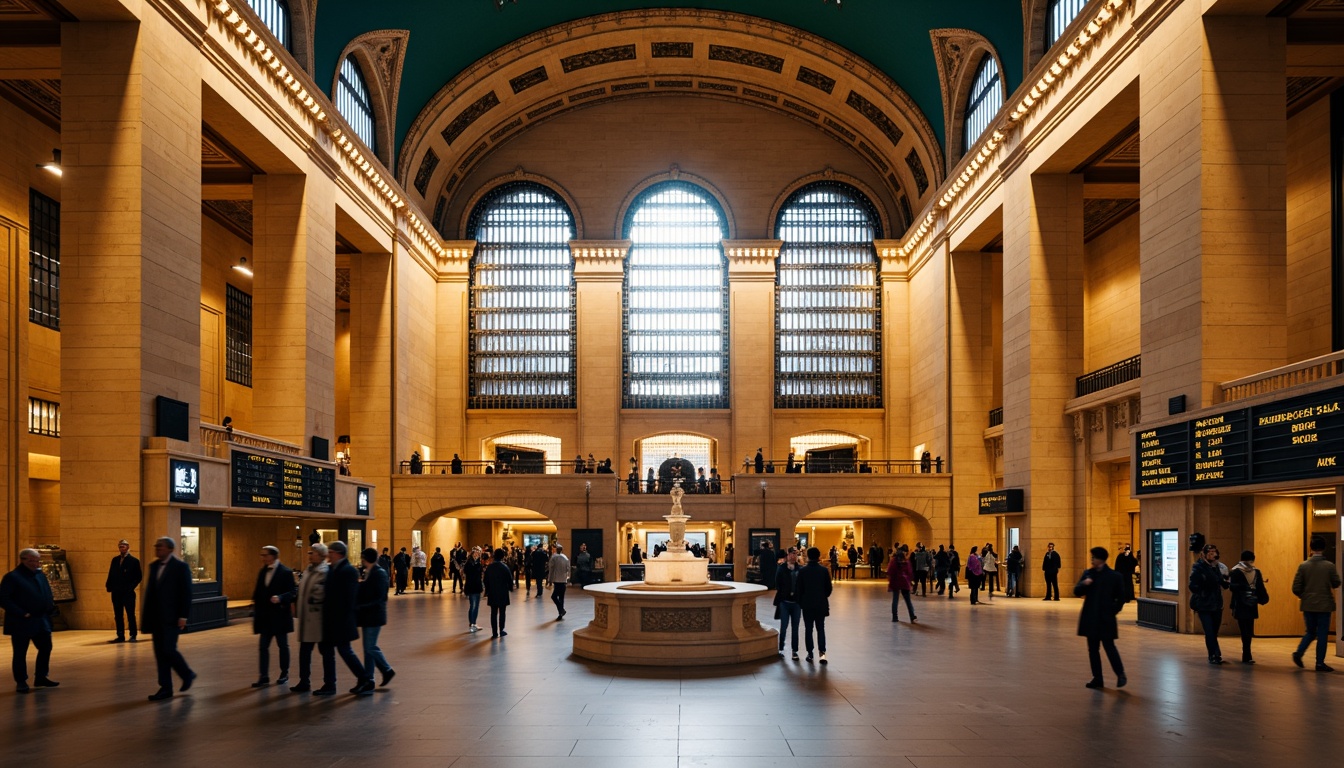 Prompt: Grand central station, ornate metalwork, intricate stonework, vaulted ceilings, majestic archways, elegant chandeliers, refined wooden accents, luxurious textiles, sophisticated signage, bustling atmosphere, morning rush hour, warm golden lighting, shallow depth of field, 1/2 composition, symmetrical framing, realistic reflections, ambient occlusion.