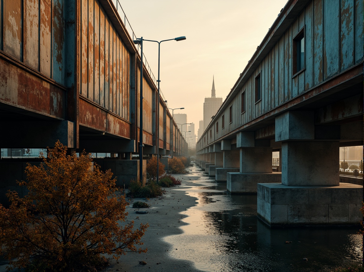 Prompt: Rustic steel bridges, industrial-era aesthetic, weathered metal textures, warm earthy tones, muted blue-grey hues, rich brown wood accents, natural stone foundations, misty atmospheric effects, soft golden lighting, shallow depth of field, 2/3 composition, cinematic view, realistic reflections, ambient occlusion.