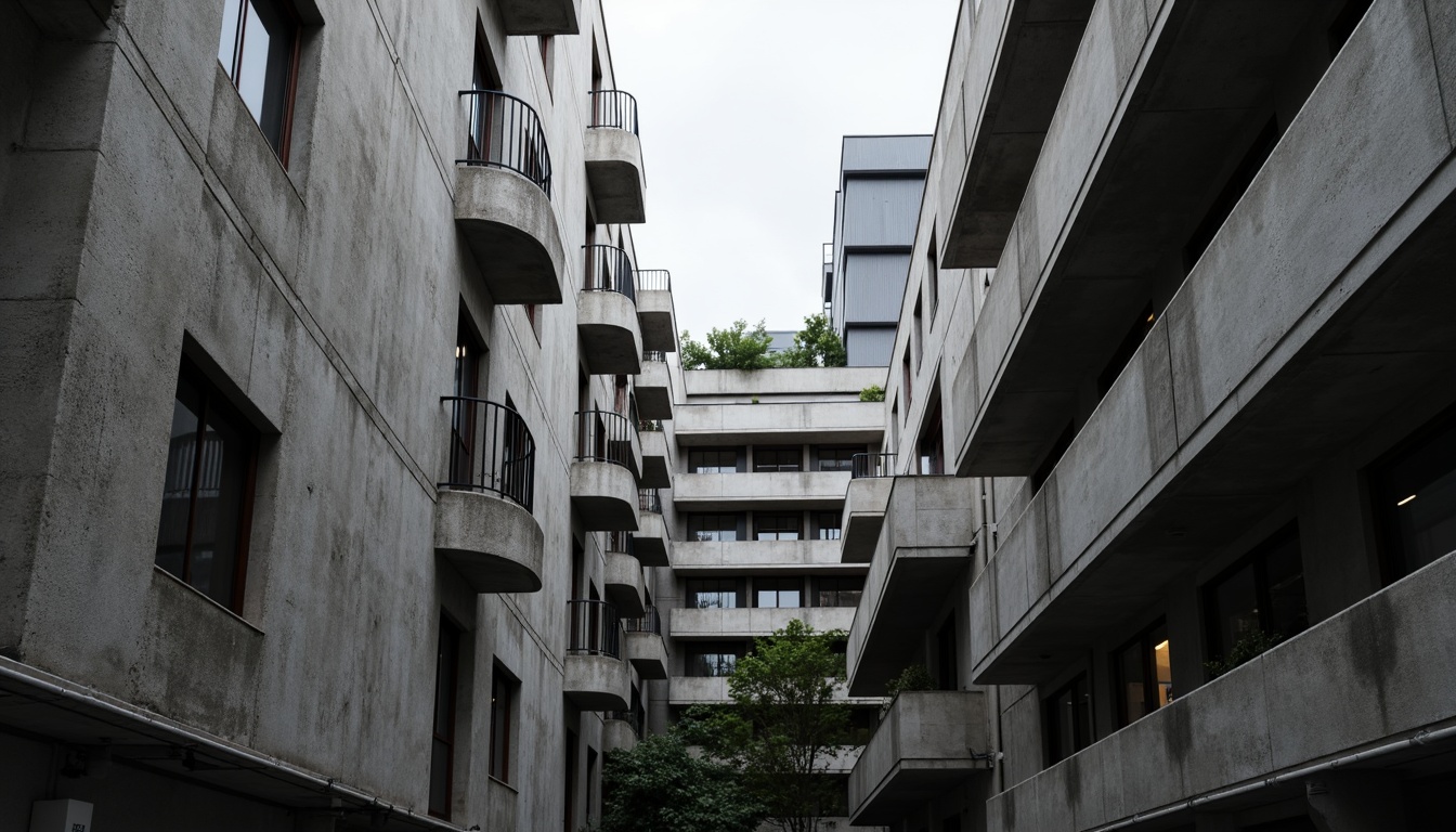 Prompt: Exposed concrete walls, rugged textures, industrial pipes, raw steel beams, minimalist balconies, brutalist architecture, urban cityscape, gloomy overcast sky, dramatic shadows, high-contrast lighting, bold geometric forms, functional simplicity, distressed finishes, poured-in-place concrete, cold monochromatic color palette, 1/1 composition, low-angle shot, cinematic atmosphere, gritty realistic textures.