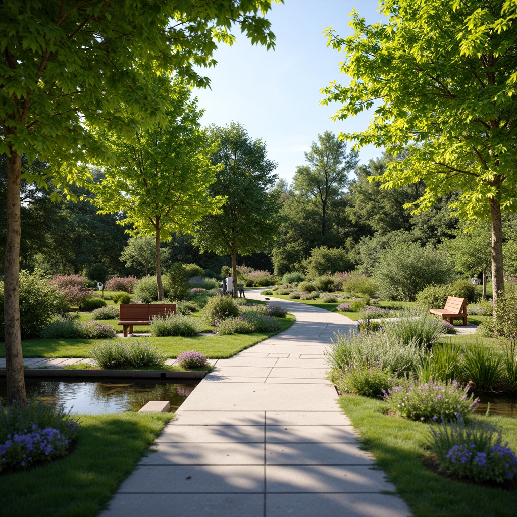 Prompt: Soothing healing garden, lush greenery, calming water features, serene walking paths, natural stone benches, vibrant flowers, gentle slopes, wheelchair-accessible ramps, sensory gardens, aromatic herbs, soft rustling leaves, warm sunny day, dappled shade, shallow depth of field, 1/1 composition, realistic textures, ambient occlusion, peaceful atmosphere.