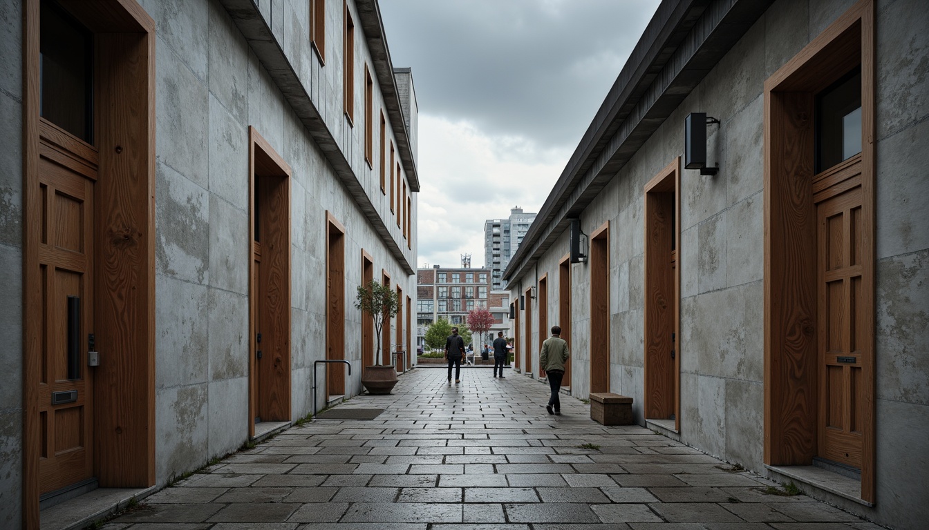 Prompt: Rough concrete walls, industrial metal beams, raw wooden accents, minimalist decorative elements, functional simplicity, bold geometric shapes, primary color schemes, brutalist influences, urban cityscape, overcast skies, dramatic shadows, high-contrast lighting, 1/1 composition, symmetrical framing, abstract textures, ambient occlusion.