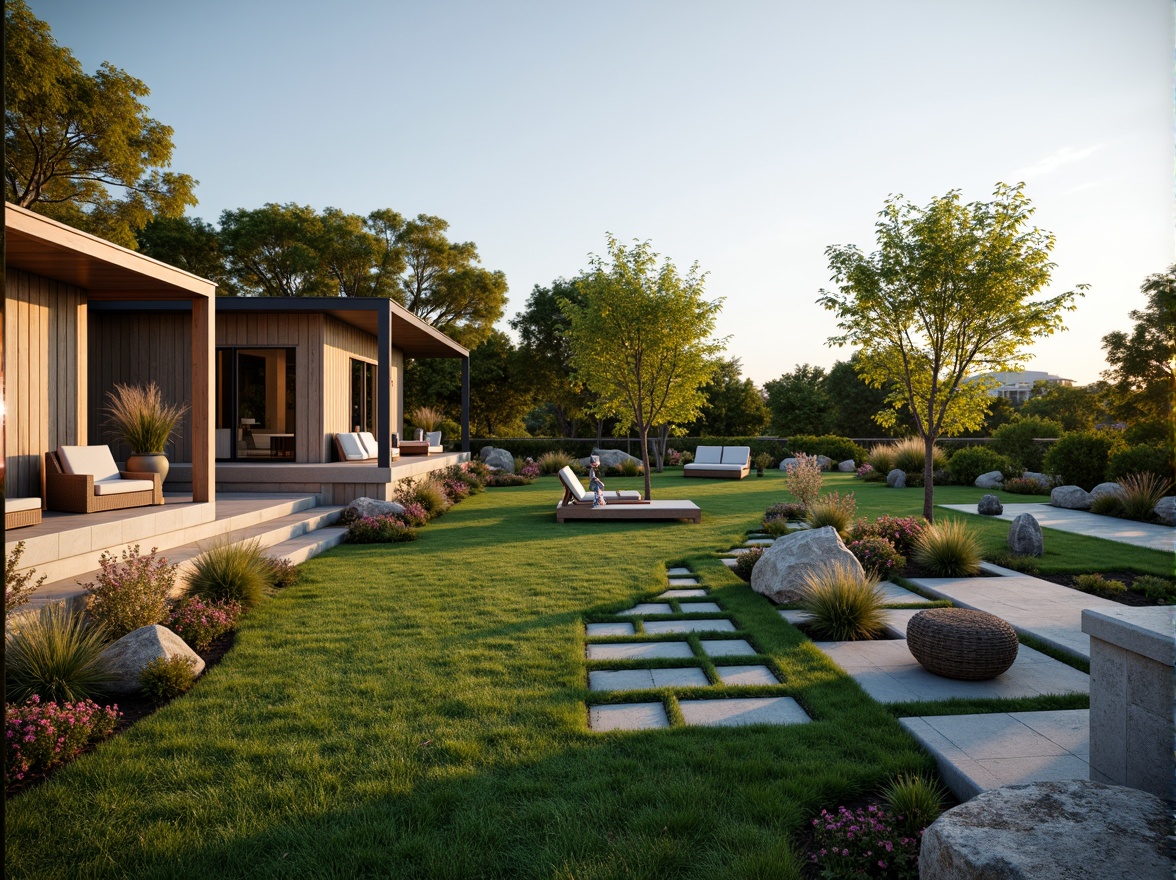 Prompt: Sleek modern villas, lush green lawns, vibrant flowerbeds, meandering stone pathways, tranquil water features, natural rock formations, wooden decks, outdoor seating areas, minimalist garden ornaments, ambient lighting, warm sunset glow, shallow depth of field, 1/1 composition, realistic textures, soft focus effect.