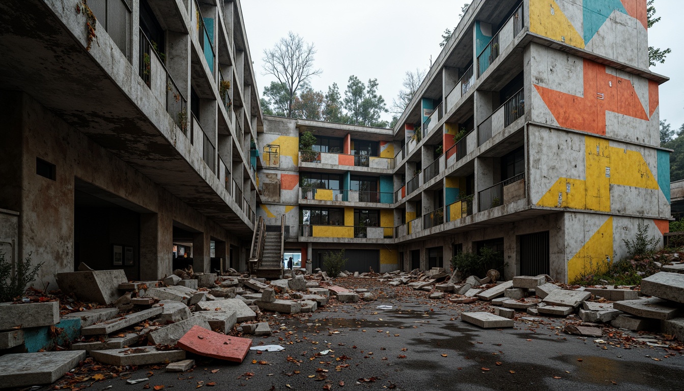 Prompt: Deconstructed brutalist building, fragmented concrete structures, distressed textures, bold primary colors, clashing secondary hues, dissonant color harmony, abstract geometric patterns, fractured light reflections, industrial materials, exposed ductwork, urban decay atmosphere, gritty realistic rendering, high-contrast lighting, dramatic shadows, cinematic composition, 1-point perspective, atmospheric fog, desaturated color palette.