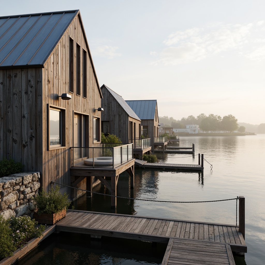 Prompt: Weathered wood accents, rustic metal cladding, nautical rope details, glass railings, wooden dockwalks, sailboat-inspired design, waterfront location, serene lake views, misty morning atmosphere, soft warm lighting, shallow depth of field, 3/4 composition, panoramic view, realistic textures, ambient occlusion, natural stone foundations, reclaimed wood siding, corrugated metal roofs, marine-grade materials, ocean-inspired color palette, driftwood grey tones, sea-salt white hues.