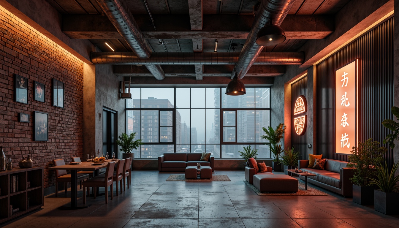 Prompt: Exposed brick walls, distressed concrete floors, metallic beams, industrial pipes, reclaimed wood accents, corrugated metal cladding, neon-lit signage, futuristic LED lighting, minimalist decor, urban cityscape views, foggy atmosphere, cinematic low-key lighting, shallow depth of field, 2/3 composition, realistic reflections, ambient occlusion.