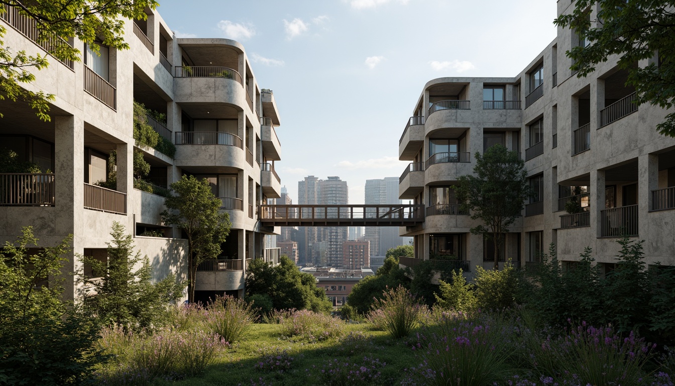 Prompt: Rugged brutalist buildings, raw concrete textures, fortress-like structures, overgrown vegetation, wildflowers, moss-covered walls, weathered steel beams, industrial materials, urban landscape integration, cityscape views, elevated walkways, cantilevered sections, dramatic shadows, harsh natural light, 1/1 composition, symmetrical framing, high-contrast lighting, gritty realistic textures, ambient occlusion.