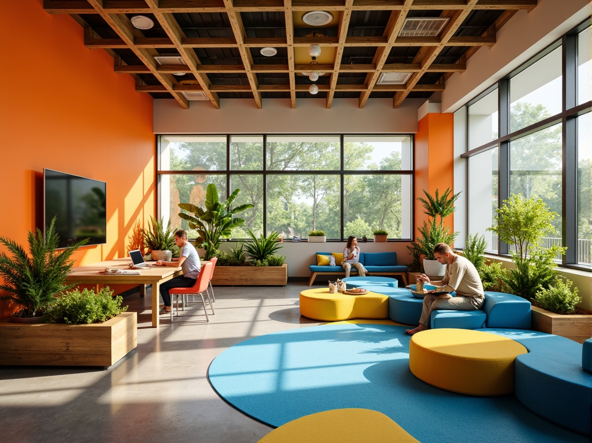 Prompt: Vibrant creative learning space, bold color scheme, stimulating yellow accents, calming blue undertones, energetic orange hues, inspiring greenery, natural wood textures, modern minimalist furniture, sleek metal legs, comfortable cushioned seating, collaborative workstations, interactive whiteboards, innovative technology integration, abundant natural light, soft warm glow, shallow depth of field, 3/4 composition, panoramic view, realistic textures, ambient occlusion.