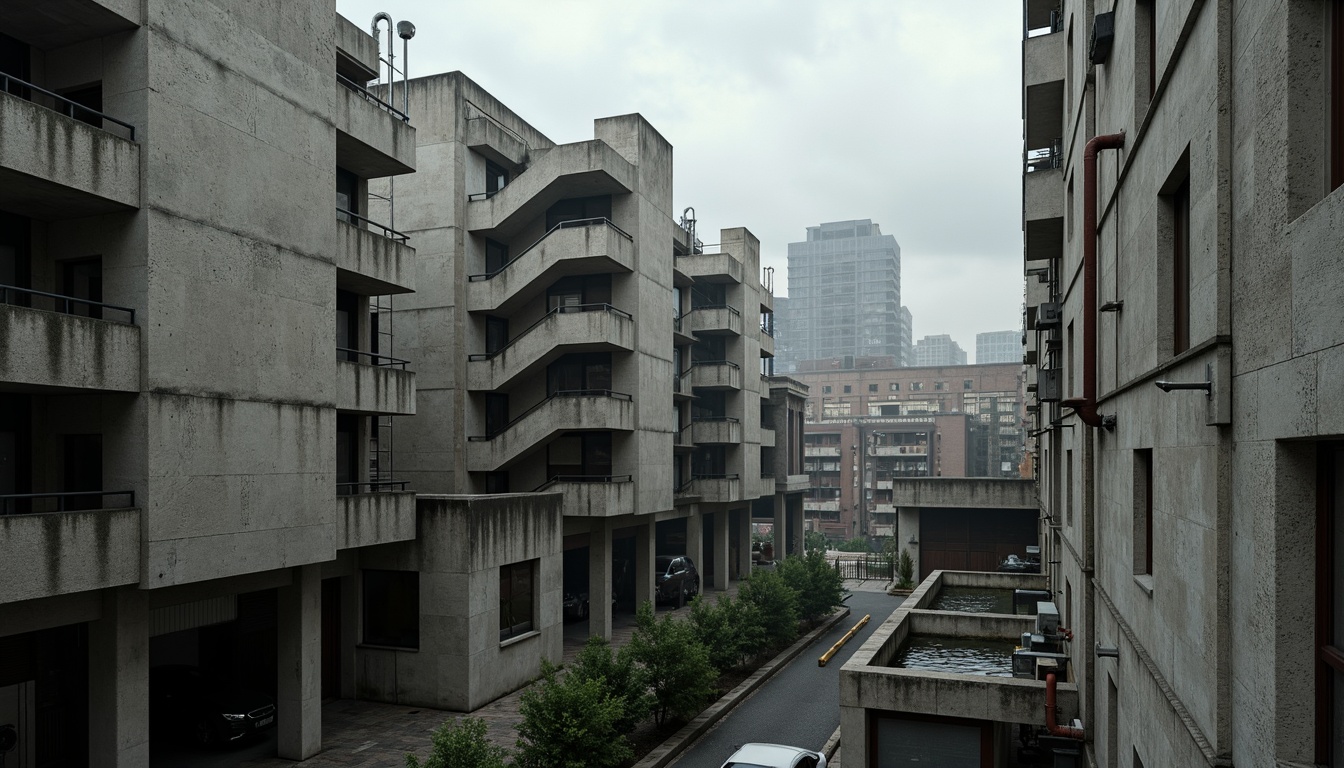 Prompt: Rugged concrete structures, brutalist architecture, fortress-like buildings, raw unfinished surfaces, exposed ductwork, industrial pipes, reinforced steel beams, geometric shapes, angular lines, monumental scale, urban cityscape, overcast skies, dramatic shadows, high-contrast lighting, cinematic composition, 2.35