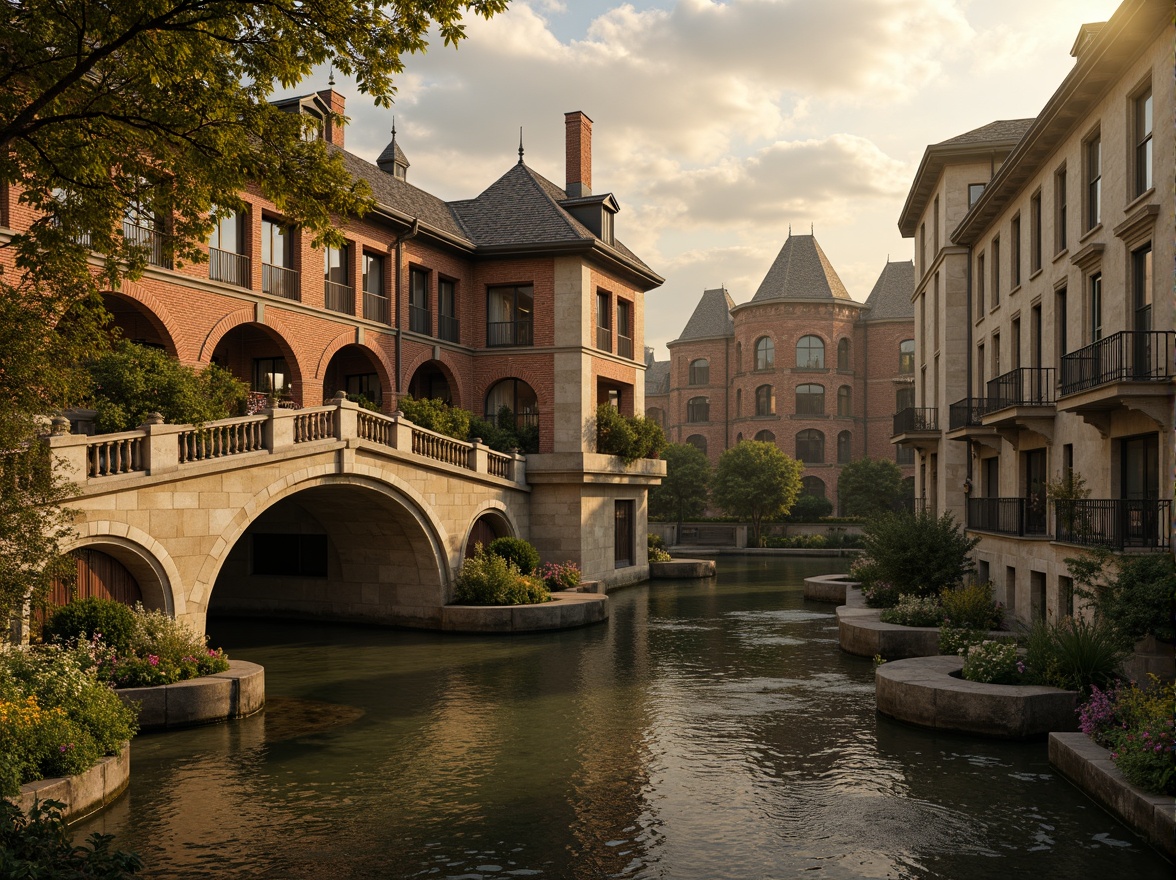 Prompt: Rustic stone bridges, ornate balustrades, weathered wooden railings, warm beige stonework, earthy red brick arches, moss-covered piers, soft golden lighting, misty atmospheric effects, serene river waters, lush greenery, vibrant floral arrangements, intricate carvings, classical architectural details, subtle texture overlays, realistic stone normal maps, cinematic camera angles, 1/2 composition, warm color grading.