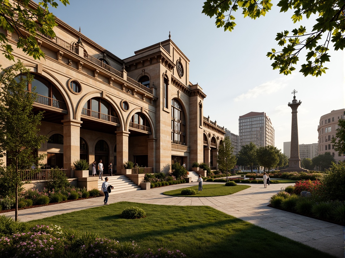 Prompt: Grand Romanesque train station, ornate stone fa\u00e7ade, arched windows, rusticated columns, lush greenery, vibrant flowers, manicured lawns, meandering walkways, decorative fountains, intricate ironwork, vintage lamp posts, warm golden lighting, shallow depth of field, 1/2 composition, symmetrical framing, realistic textures, ambient occlusion, bustling cityscape, urban atmosphere.