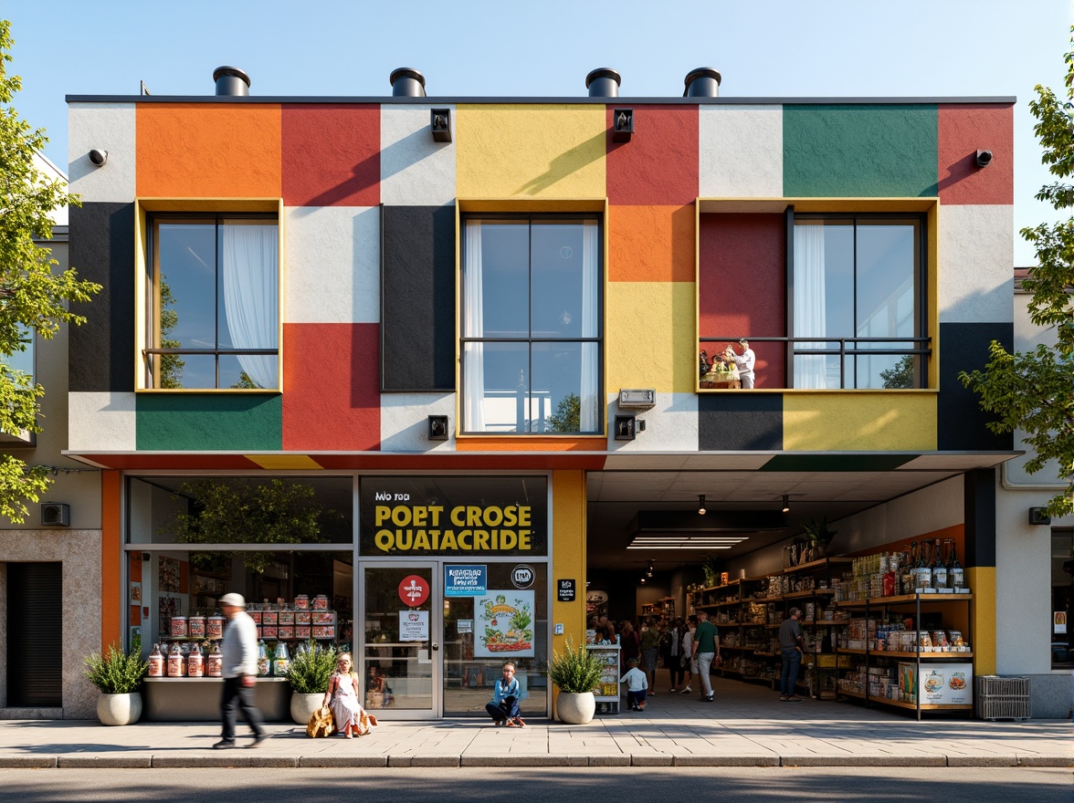 Prompt: Deconstructed grocery store facade, fragmented forms, irregular shapes, bold color blocking, distressed finishes, industrial materials, exposed ductwork, metallic accents, abstract signage, playful typography, urban context, busy street scene, morning light, soft shadows, shallow depth of field, 1/1 composition, realistic textures, ambient occlusion.