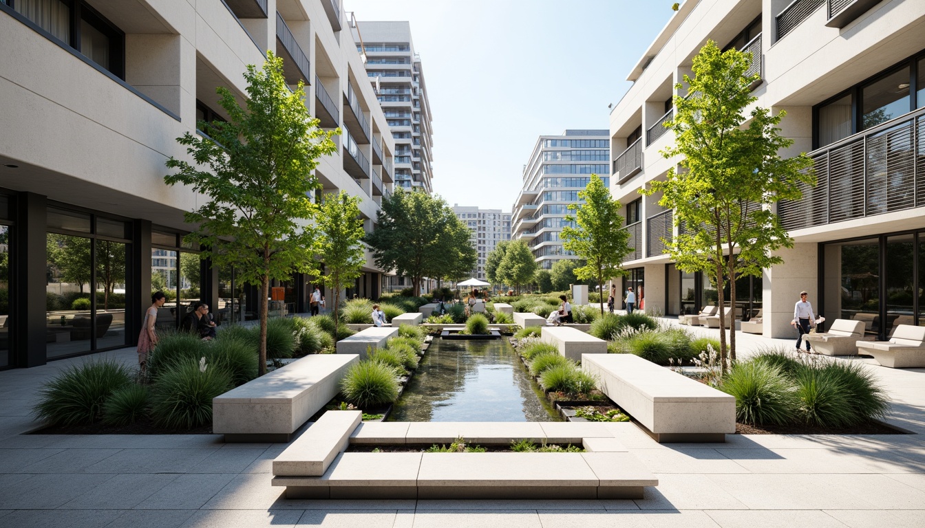 Prompt: Geometric gardens, asymmetrical planters, industrial metal benches, minimalist water features, modernist sculptures, abstract concrete pathways, functionalist building facades, rectangular windows, flat roofs, monochromatic color schemes, bold typography, urban cityscape, sunny day, high contrast lighting, shallow depth of field, 2/3 composition, symmetrical framing, realistic textures, ambient occlusion.