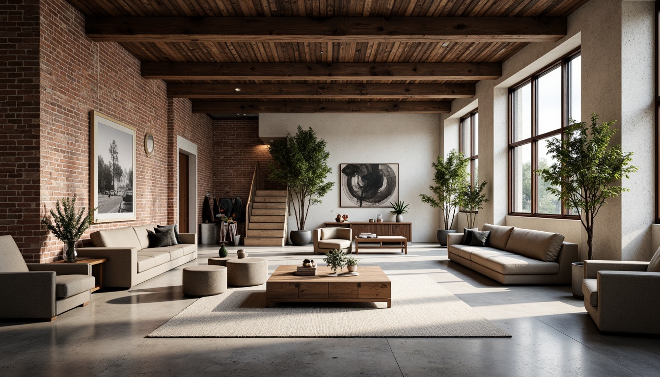 Prompt: Exposed brick walls, industrial metal beams, reclaimed wood accents, polished concrete floors, minimalist decor, modern urban loft, open-plan living space, floor-to-ceiling windows, natural light pouring in, airy atmosphere, sleek lines, geometric shapes, abstract art pieces, monochromatic color scheme, subtle textures, soft warm lighting, shallow depth of field, 3/4 composition, realistic renderings.